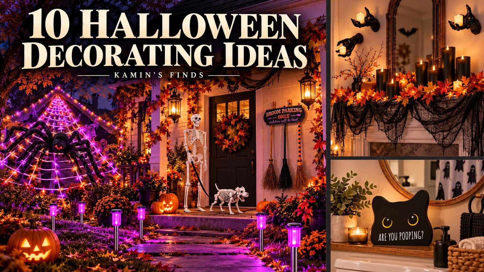 Halloween porch with a skeleton and dog, warm lights, and a lighted spider web