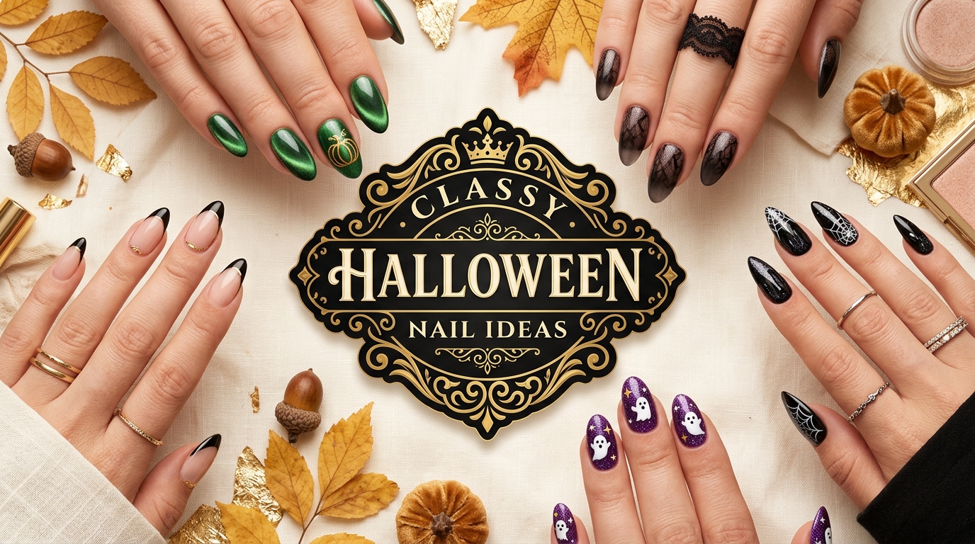Classy Halloween nail ideas flatlay featuring emerald velvet pumpkin, black french tips, and gothic lace press-on manicures