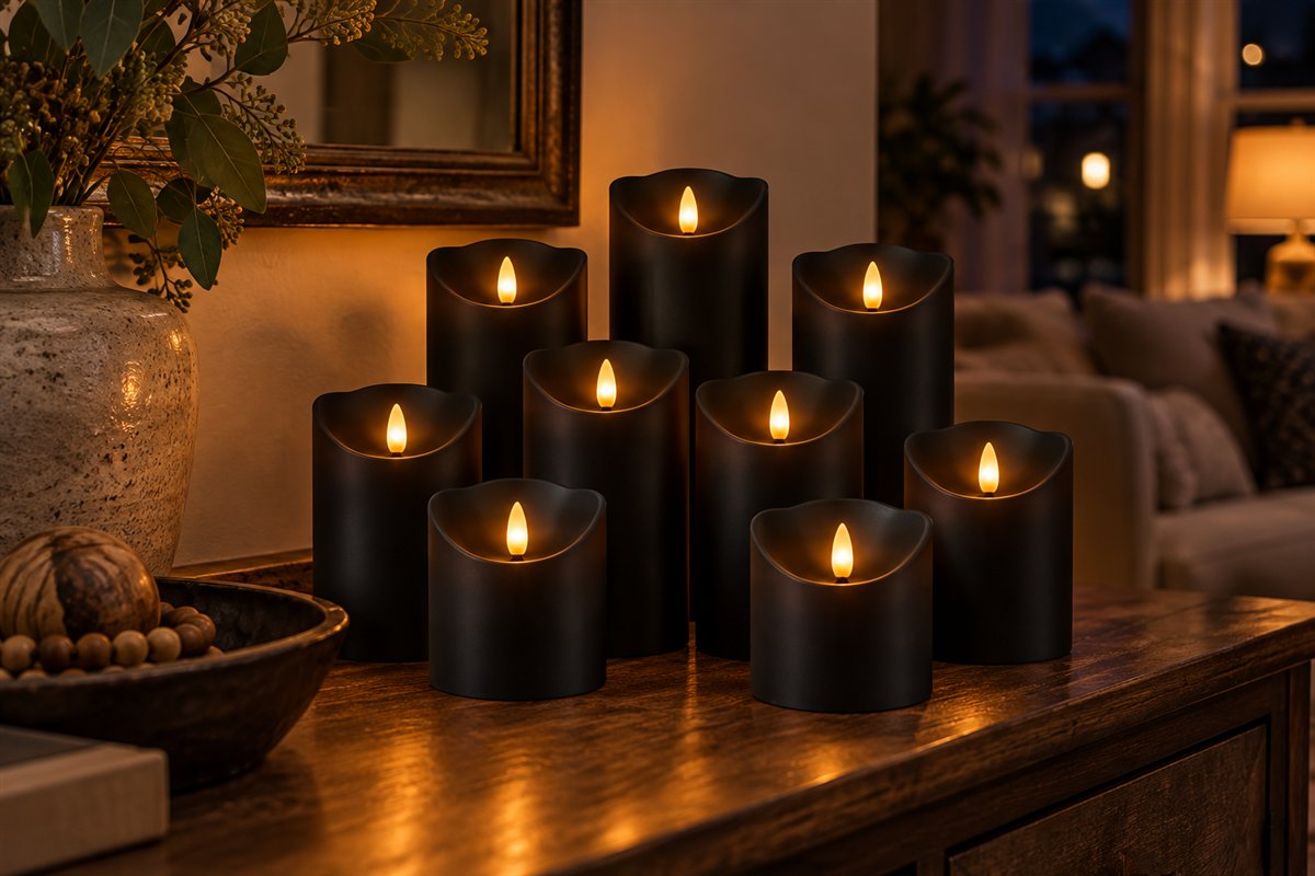 Black flameless pillar candles grouped on an indoor console