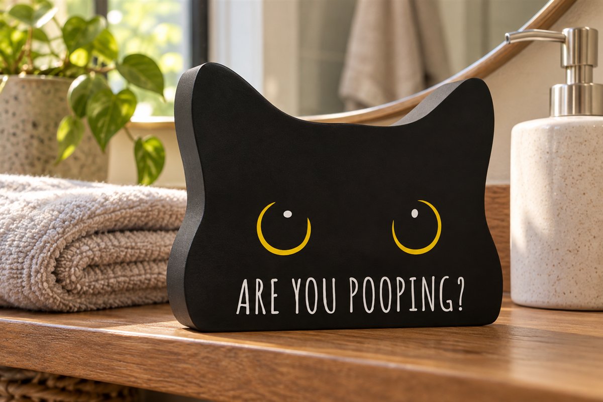 Black cat bathroom sign displayed beside a folded towel and soap dispenser