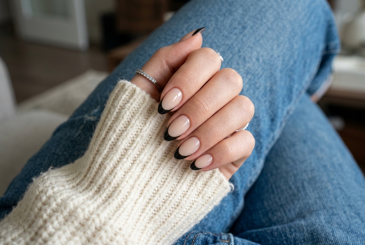 BTArtbox minimalist black French tip almond press-on manicure on hands holding an autumn sweater