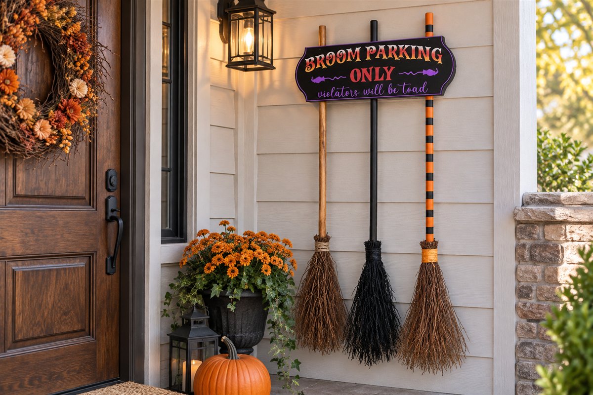 Broom parking sign with three decorative brooms beside an entry