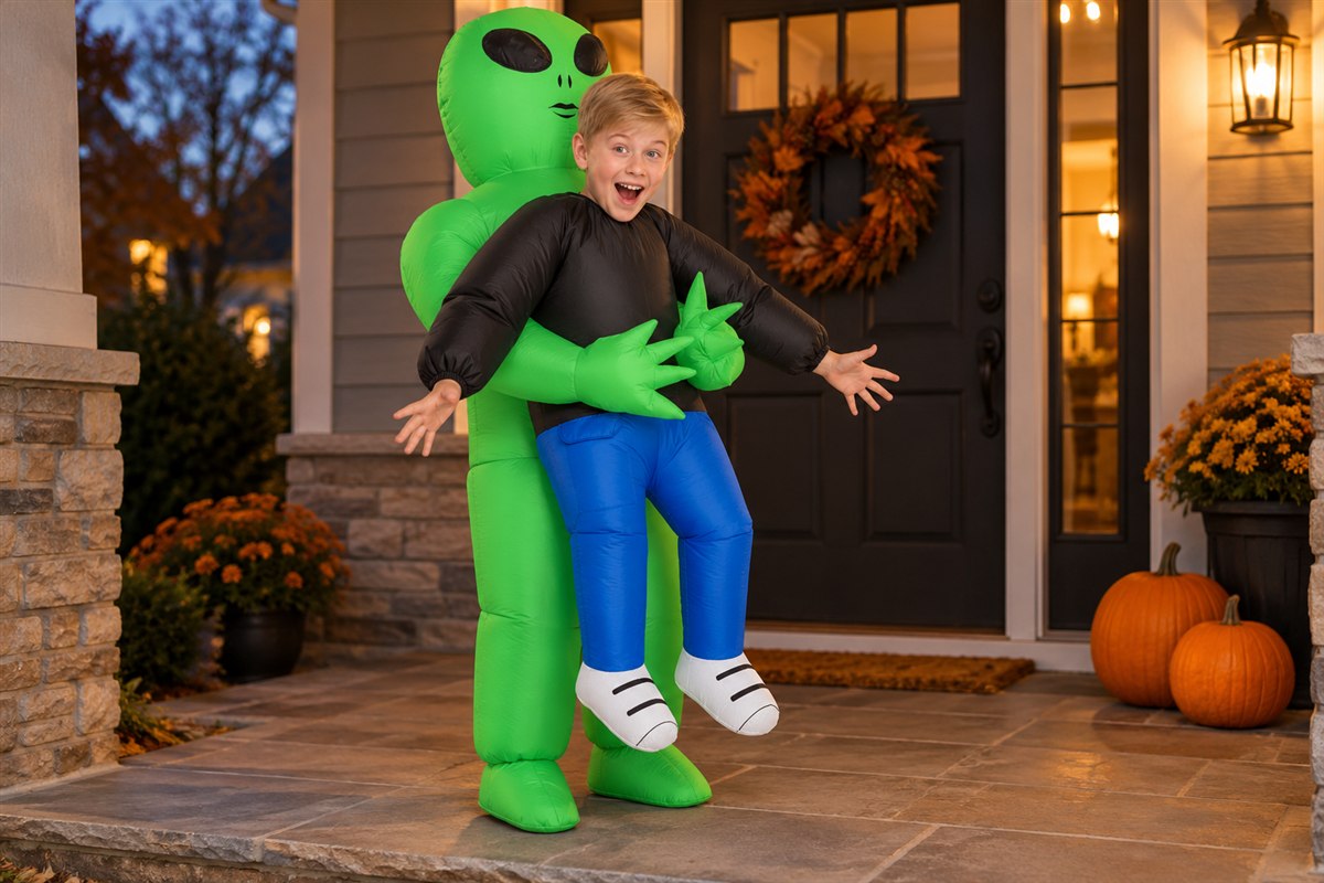 Child wearing a green inflatable alien-abduction costume on a pumpkin-decorated porch
