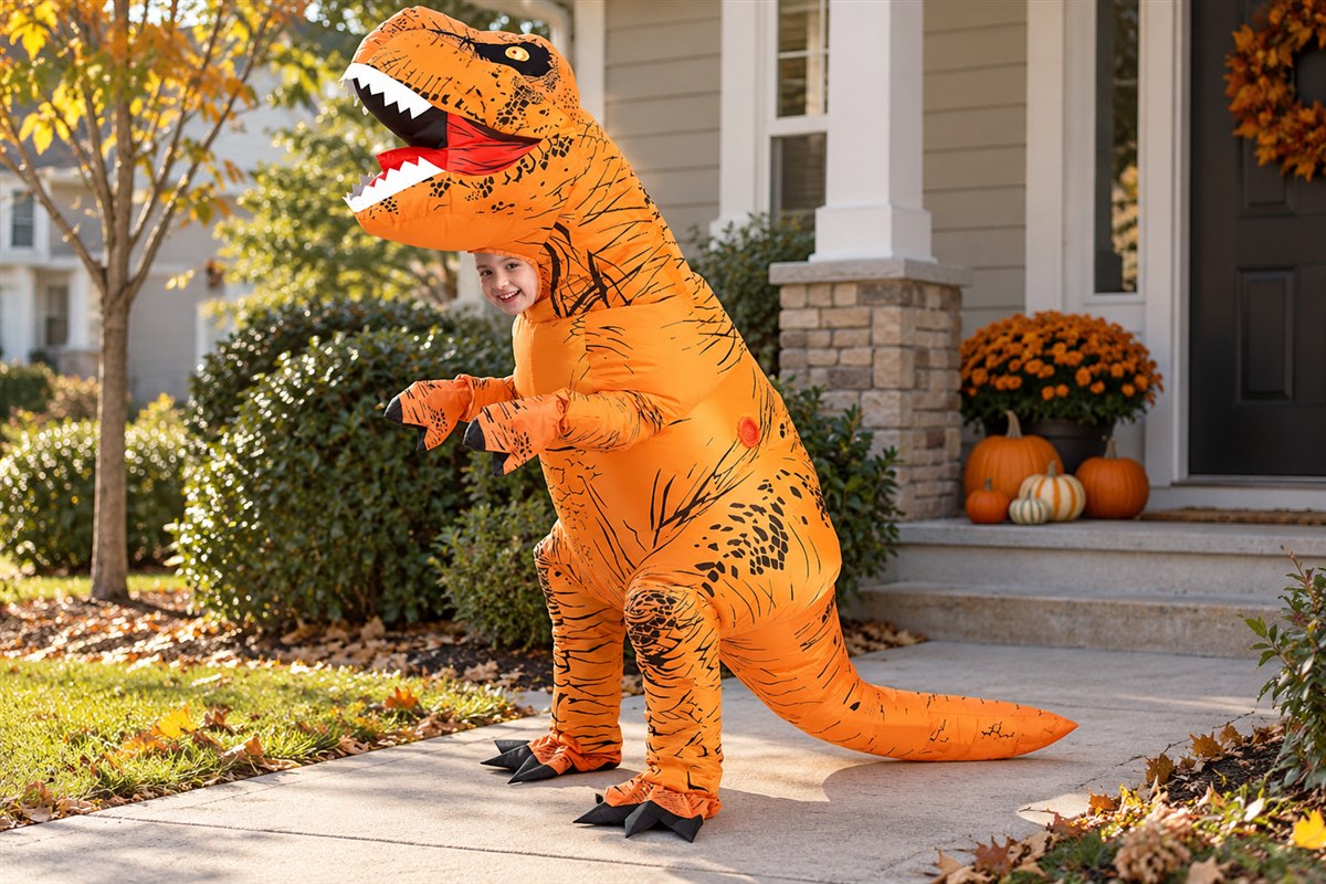 Child inside an orange-brown inflatable T-Rex with tiny arms and a long tail beside a Halloween porch