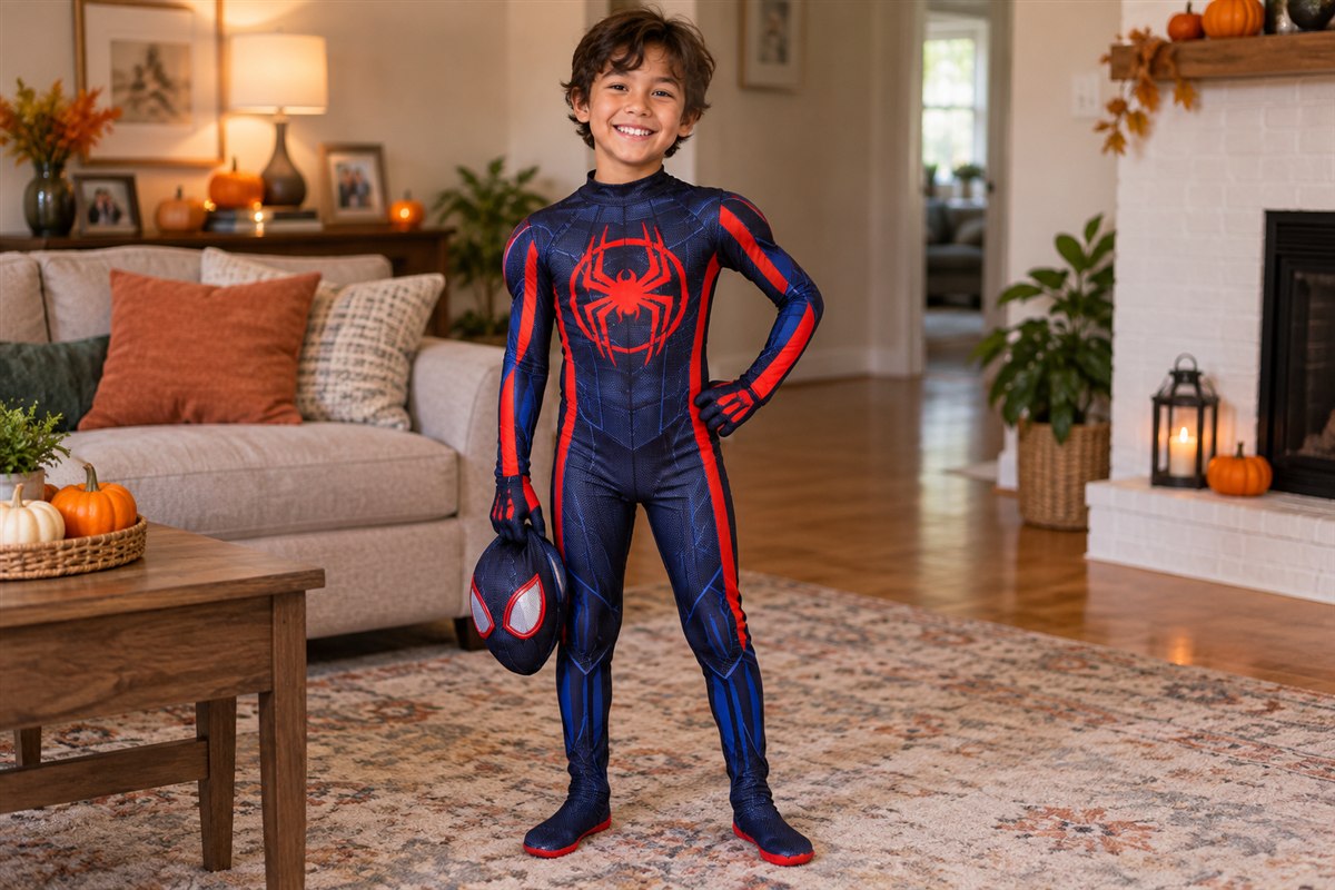 Child wearing a dark Miles Morales costume with red spider emblem, holding its matching mask in a living room