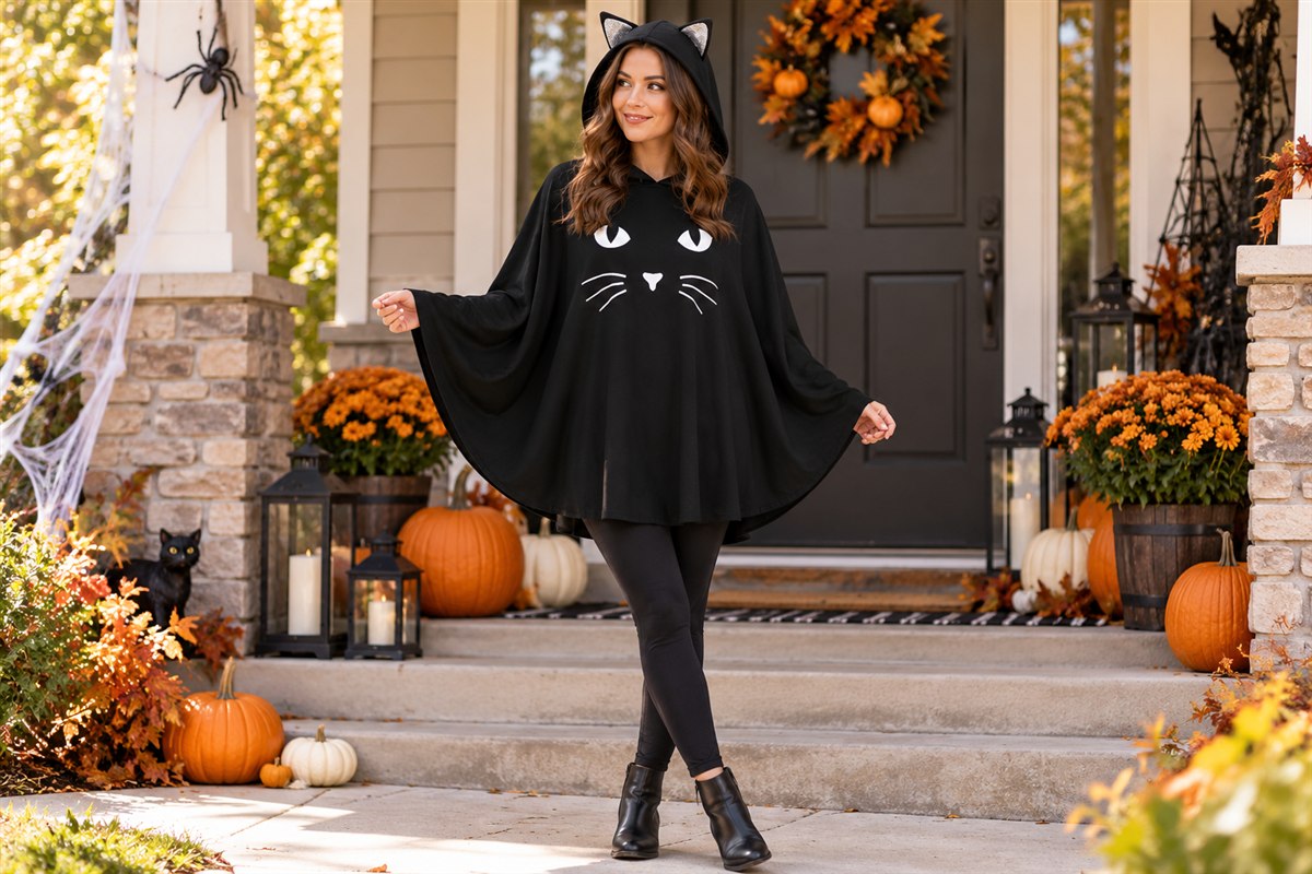 Adult woman in a black cat poncho with silver hood ears and a white whiskered cat face on a decorated porch