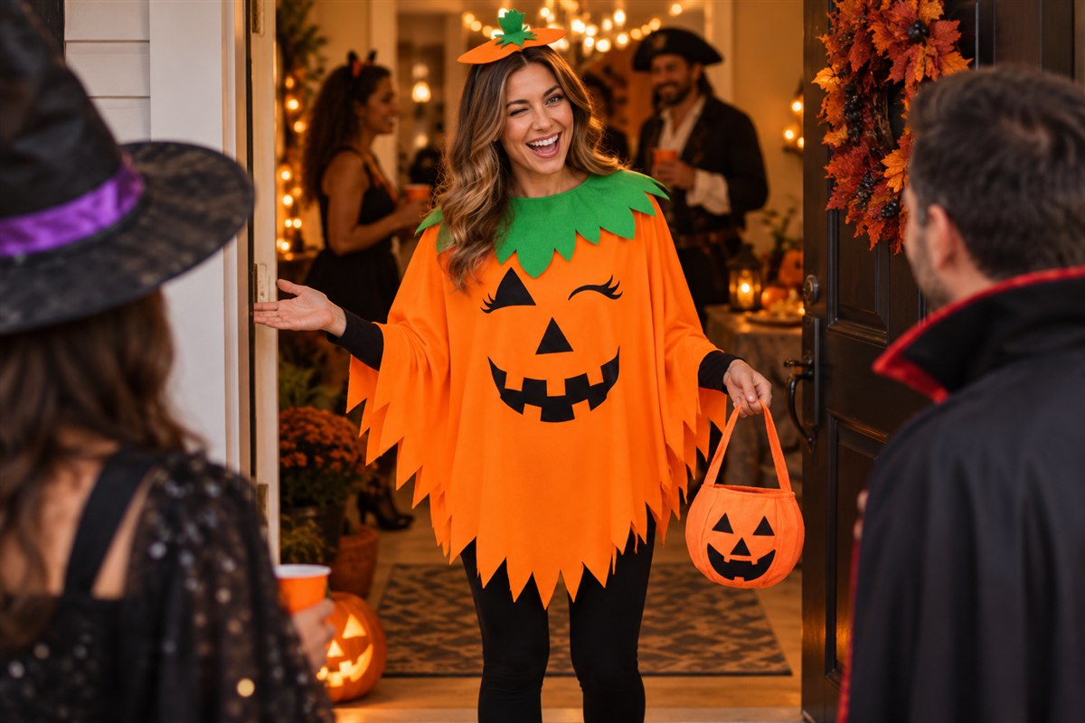 Adult woman greeting Halloween guests in an orange pumpkin poncho with green collar, headband and matching candy bag