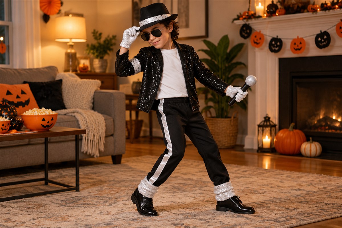 Child posing with a toy microphone in a black sequin jacket, silver accents and fedora at a home party