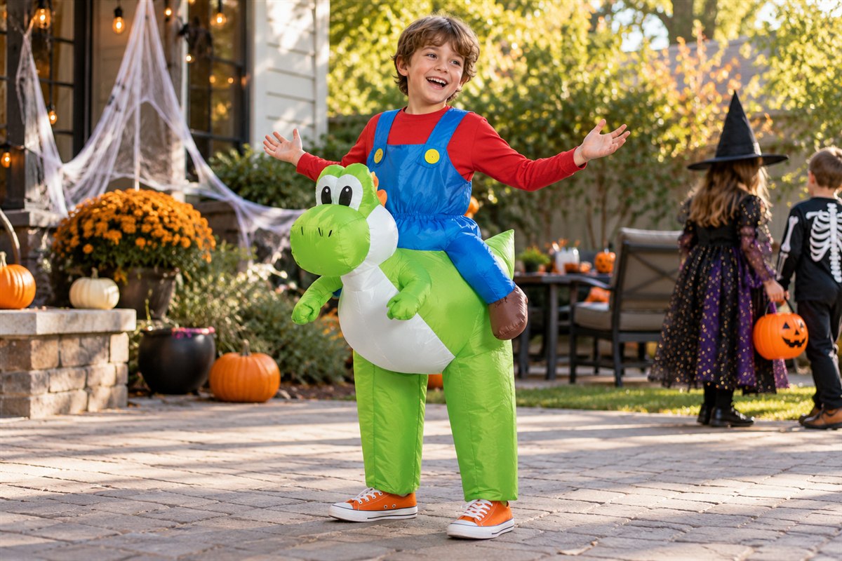 Child wearing a green ride-on Yoshi inflatable costume with pretend rider legs on a Halloween patio