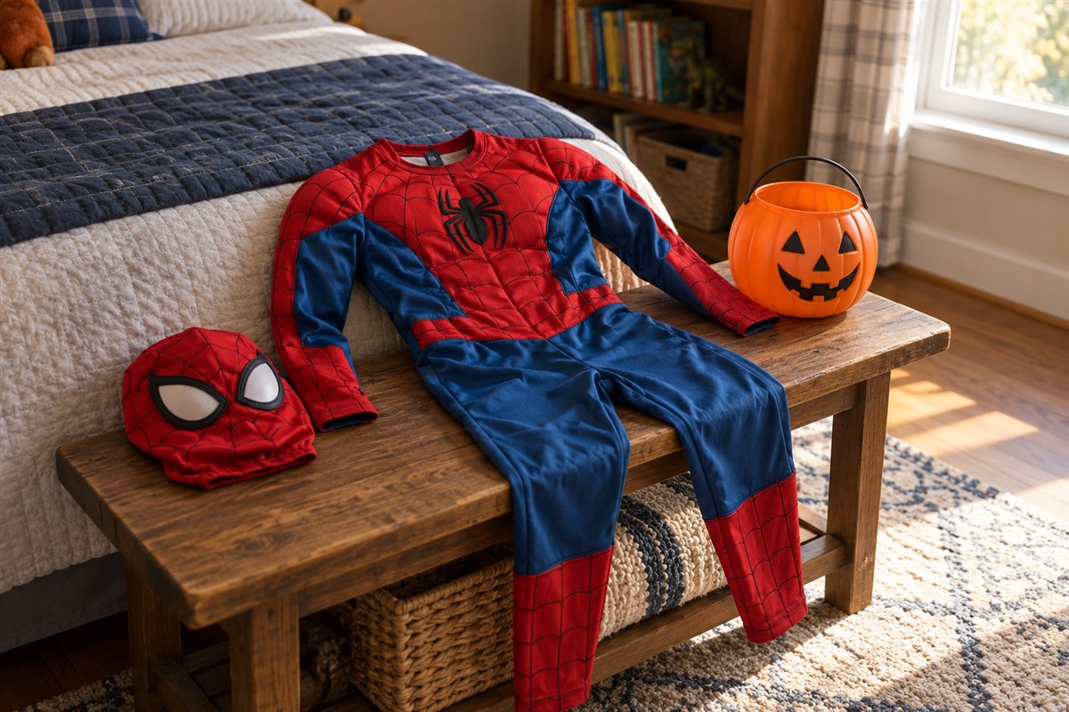 Red and blue toddler superhero outfit and separate headpiece laid out on a bedroom bench beside a pumpkin candy bucket