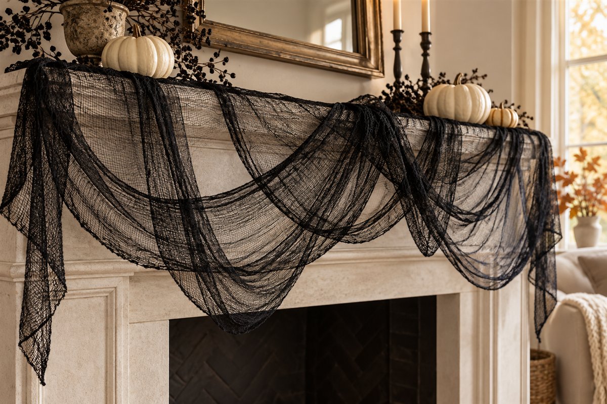 Black gauze cloth draped over a cold mantel with small white pumpkins