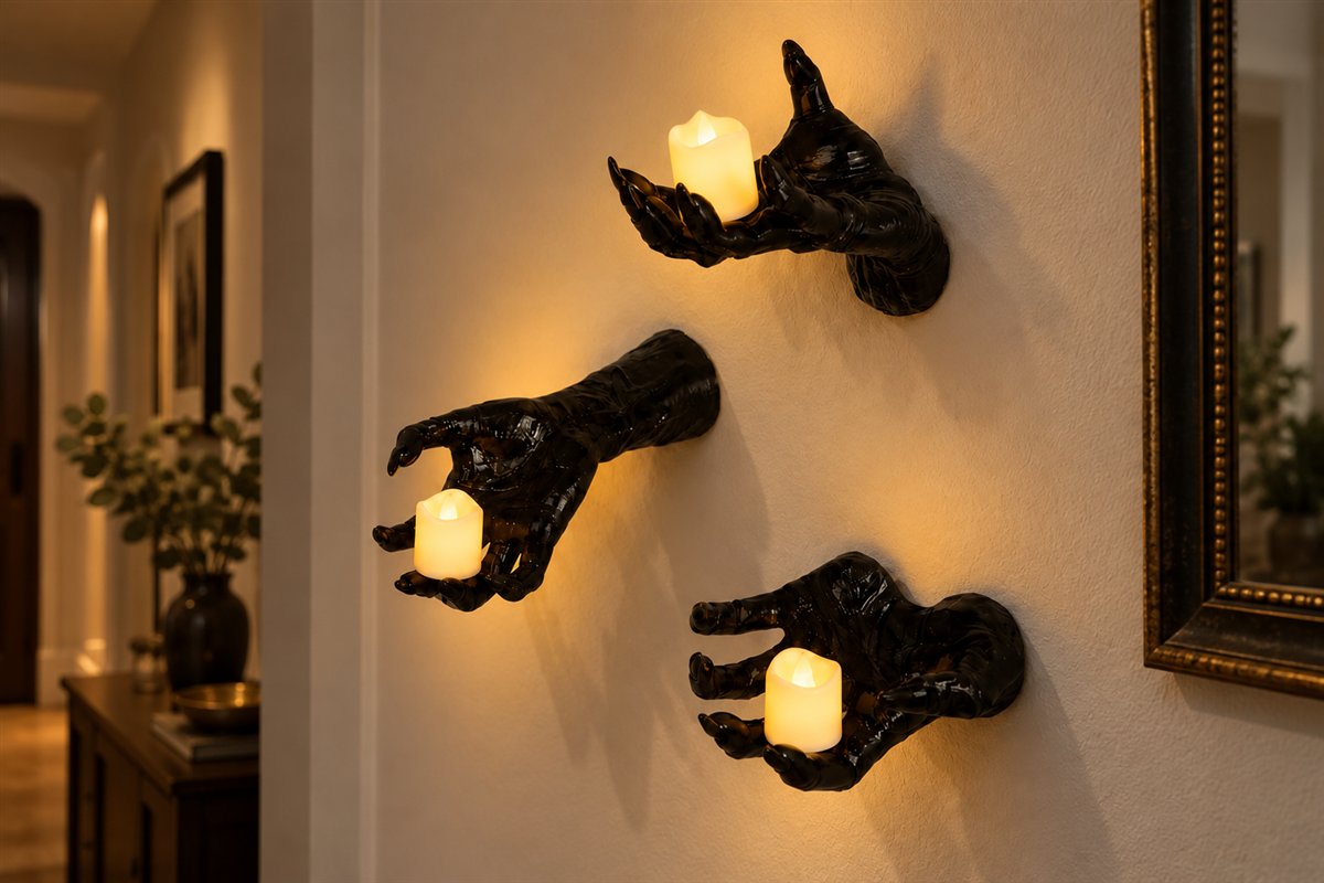 Three black sculpted hand holders with LED votives on a hallway wall