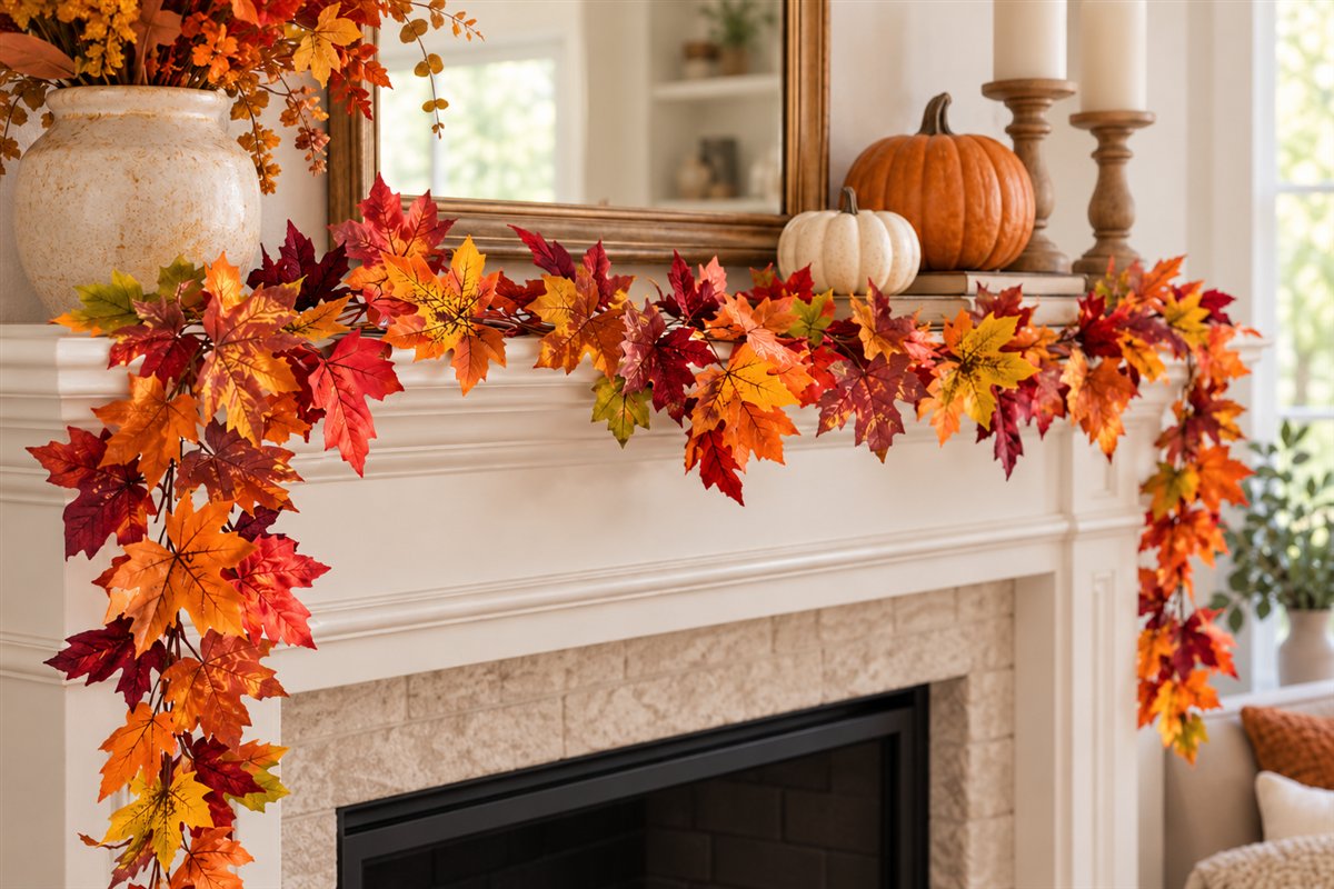 Orange, red, and yellow fall leaf garland across a mantel above a cold fireplace