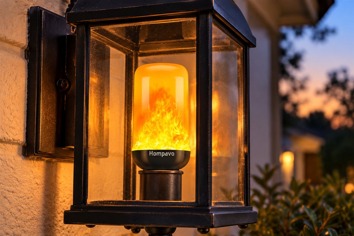 Amber flame-effect LED bulb glowing inside a black glass porch lantern