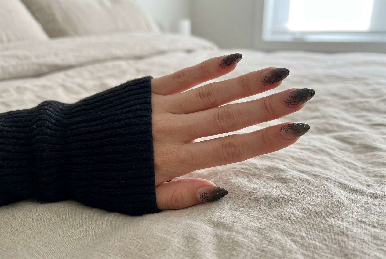 Glamnetic Gothic Romance smoky black ombre lace almond press-on nails styled with delicate silver rings
