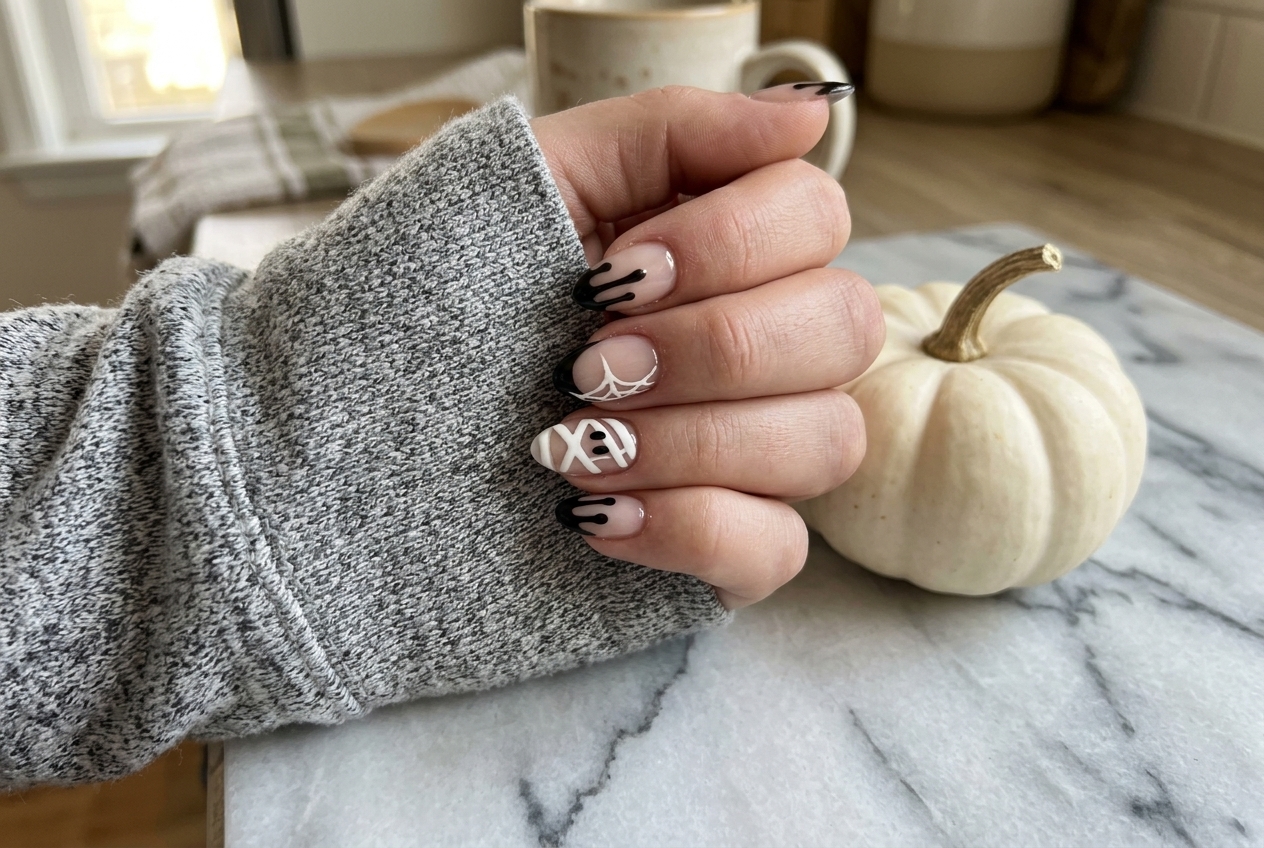 Spooky chic mummy wrap, spiderweb and black drip french tip press-on nails close-up on natural hands