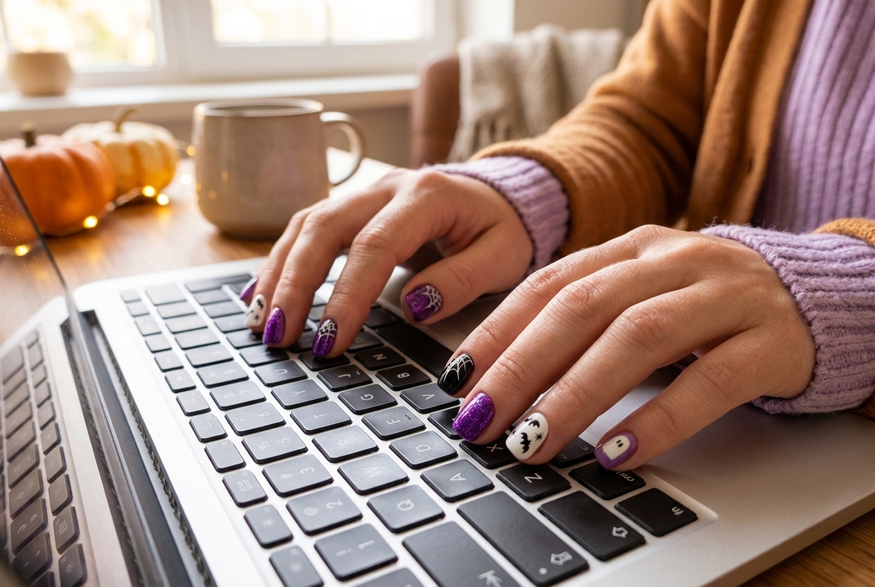 Short square purple glitter Halloween press-on nails featuring micro ghosts and bats while typing on a laptop