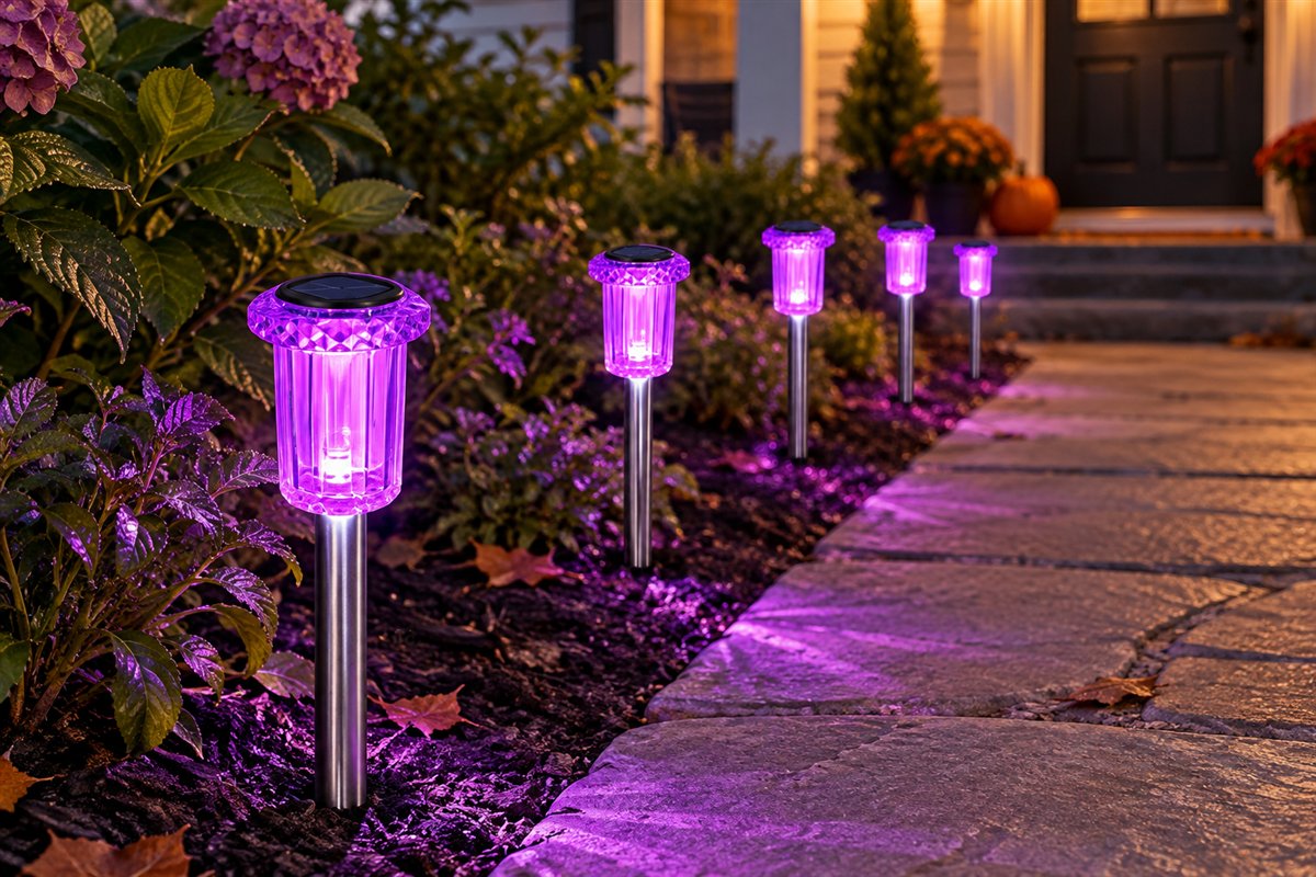 Purple solar stake lights lining a stone garden walkway at dusk
