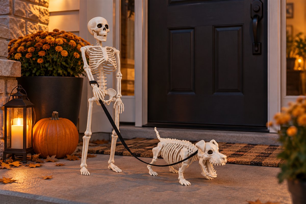 Small skeleton and skeleton dog staged together beside a front door