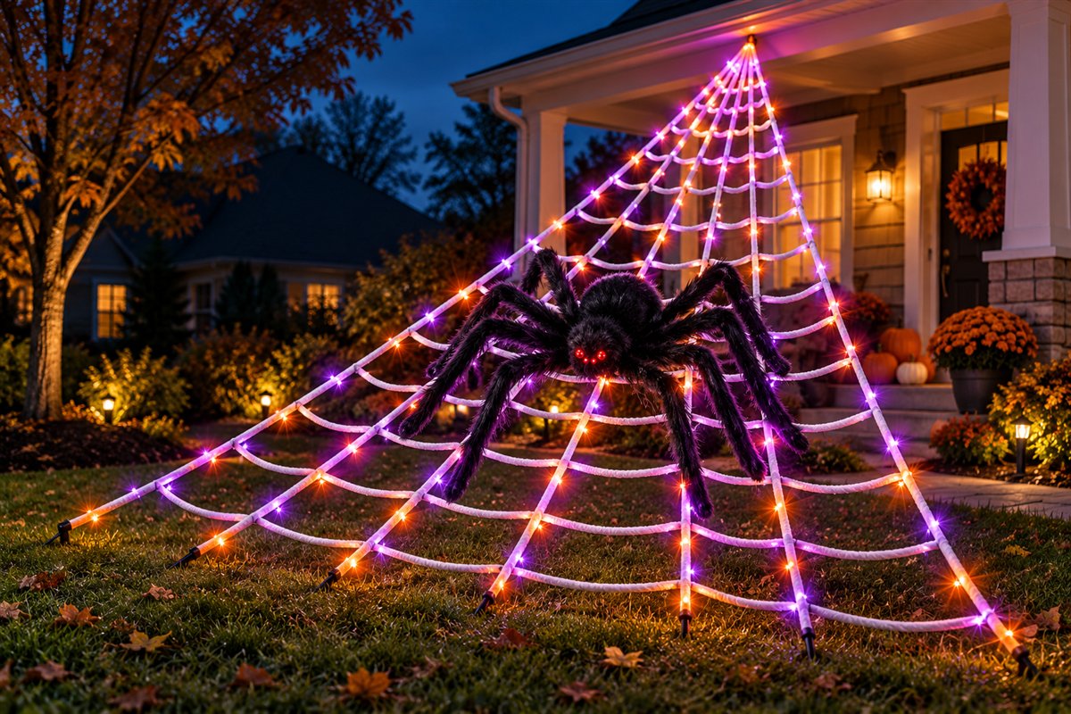 Lighted rope spider web and black spider arranged in a yard corner