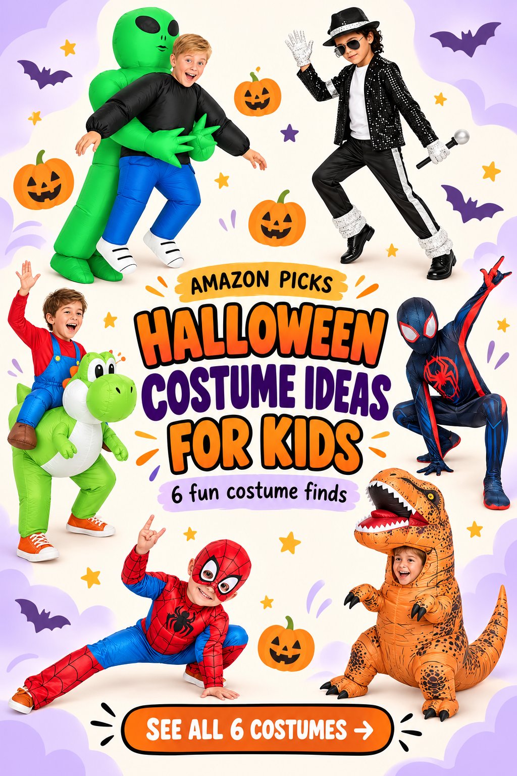 Six kids’ costume ideas: an inflatable alien, retro pop-star outfit, ride-on Yoshi, Miles Morales, toddler Spidey, and inflatable T-Rex